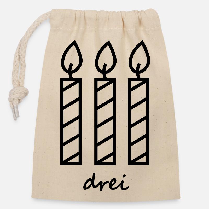 Geburtstag drei Kerzen - Verschließbarer Geschenkbeutel aus Baumwolle (14x20cm) - Natur