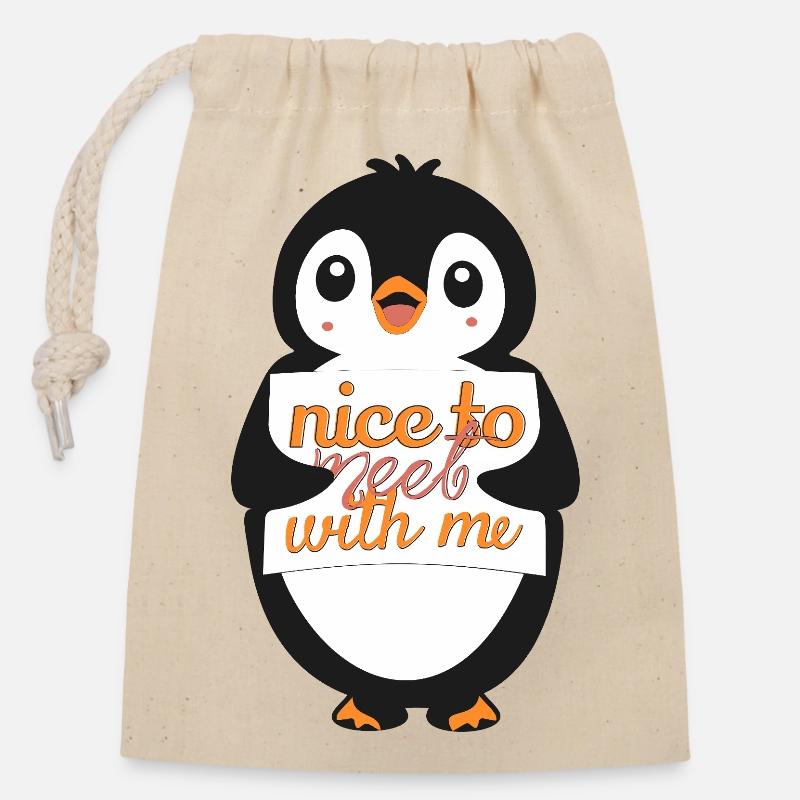 Panneau de bienvenue du Pingouin : ravi de me rencontrer - Sac cadeau en coton avec cordon (14 x 20 cm) - nature