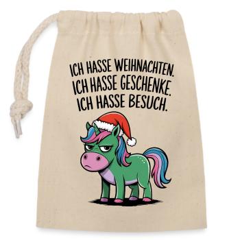 Weihnachtsmuffel Ich hasse Weihnachten Einhorn - Verschließbarer Geschenkbeutel aus Baumwolle (14x20cm) - Natur - Vorne