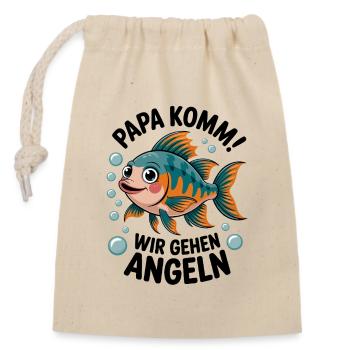 Papa komm wir gehen angeln! Angeln mit Papa - Verschließbarer Geschenkbeutel aus Baumwolle (14x20cm) - Natur - Vorne