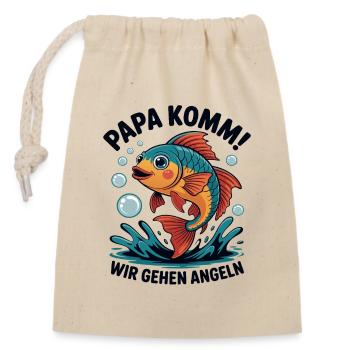 Papa komm wir gehen angeln! Angeln mit Papa - Verschließbarer Geschenkbeutel aus Baumwolle (14x20cm) - Natur - Vorne