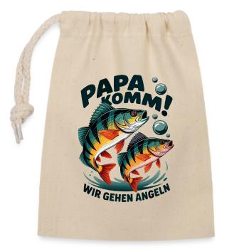 Papa komm wir gehen angeln! Angeln mit Papa - Verschließbarer Geschenkbeutel aus Baumwolle (14x20cm) - Natur - Vorne