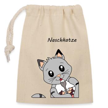 "Sweet tooth" - cat having breakfast - Closable cotton gift bag (14x20cm) - nature - Front