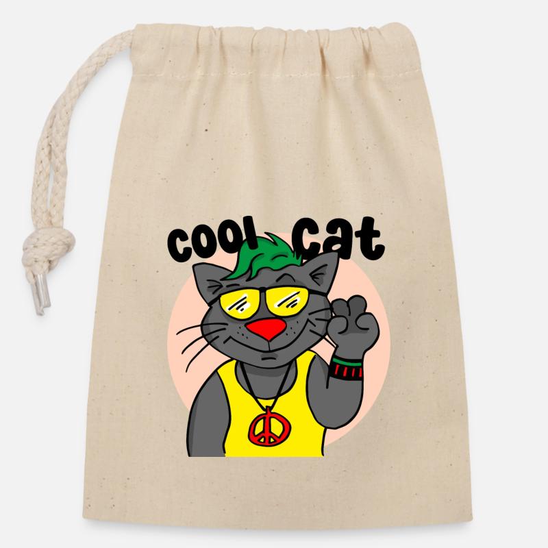 Chat cool - Sac cadeau en coton avec cordon (14 x 20 cm) - nature