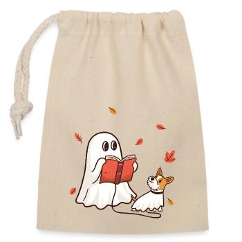 Little Halloween ghost reading a book with dog - Closable cotton gift bag (14x20cm) - nature - Front
