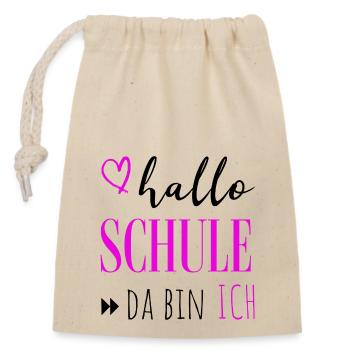 Schulkind 2023 hallo Schule, zum Personalisieren - Verschließbarer Geschenkbeutel aus Baumwolle (14x20cm) - Natur - Vorne