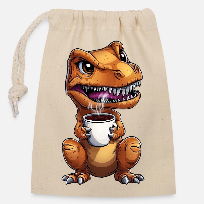 T-Rex Dino grincheux du matin avec :) café - Sac cadeau en coton avec cordon (14 x 20 cm) - nature