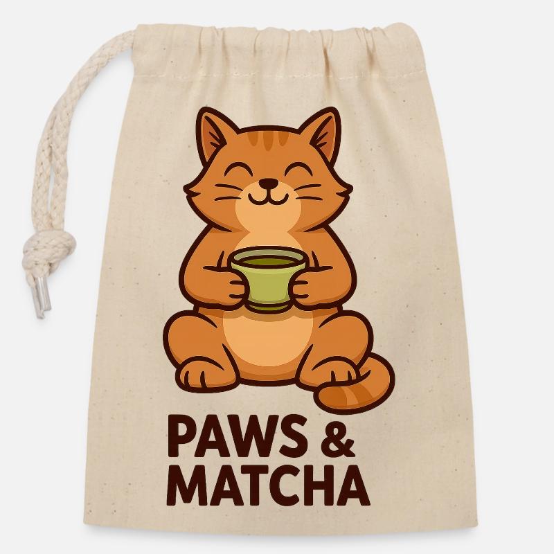 Pfoten & Matcha Katze - Verschließbarer Geschenkbeutel aus Baumwolle (14x20cm) - Natur