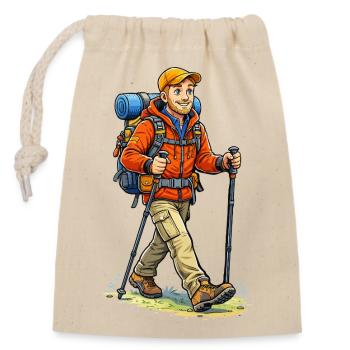 Adventurous hiker with backpack - Closable cotton gift bag (14x20cm) - nature - Front