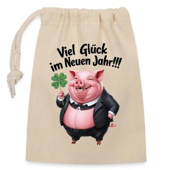 Silvester Neujahr Glückwunsch Neues Jahr Schwein - Verschließbarer Geschenkbeutel aus Baumwolle (14x20cm) - Natur - Vorne