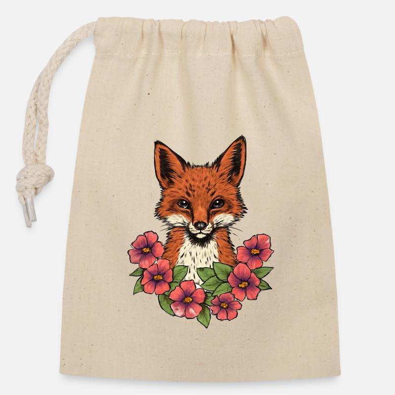 Fuchs in Blumen - Verschließbarer Geschenkbeutel aus Baumwolle (14x20cm) - Natur