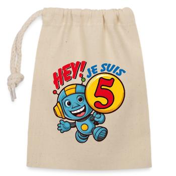 Cinq ans petit robot mignon anniversaire d'enfant - Sac cadeau en coton avec cordon (14 x 20 cm) - nature - Devant