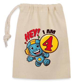 Fête d’anniversaire de quatre ans petit robot mignon pour enfants. - Sac cadeau en coton avec cordon (14 x 20 cm) - nature - Devant