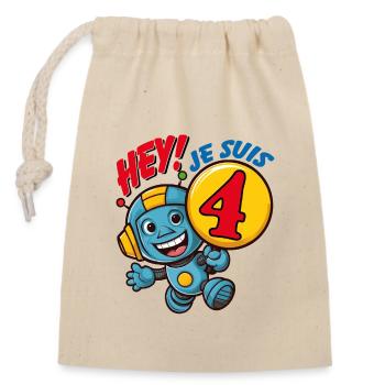 Quatre ans petit robot mignon anniversaire d'enfan - Sac cadeau en coton avec cordon (14 x 20 cm) - nature - Devant