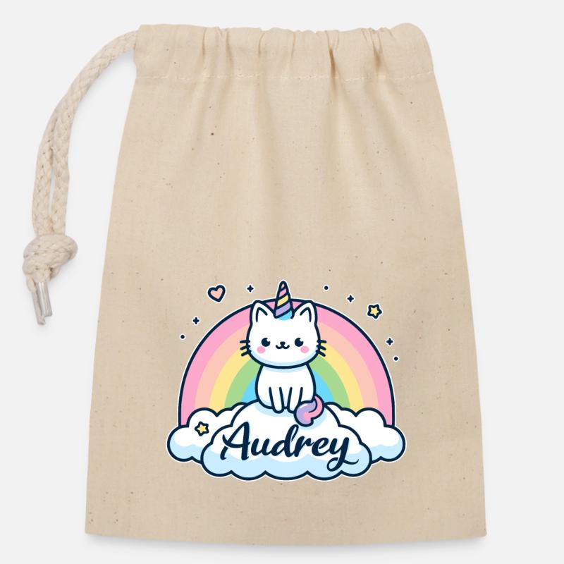 Audrey Nom Prénom Licorne Chat - Sac cadeau en coton avec cordon (14 x 20 cm) - nature