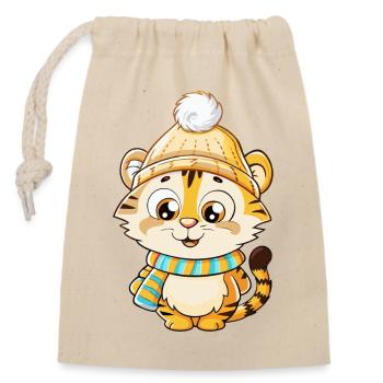 Tigre mignon avec écharpe et chapeau à pompon. - Sac cadeau en coton avec cordon (14 x 20 cm) - nature - Devant