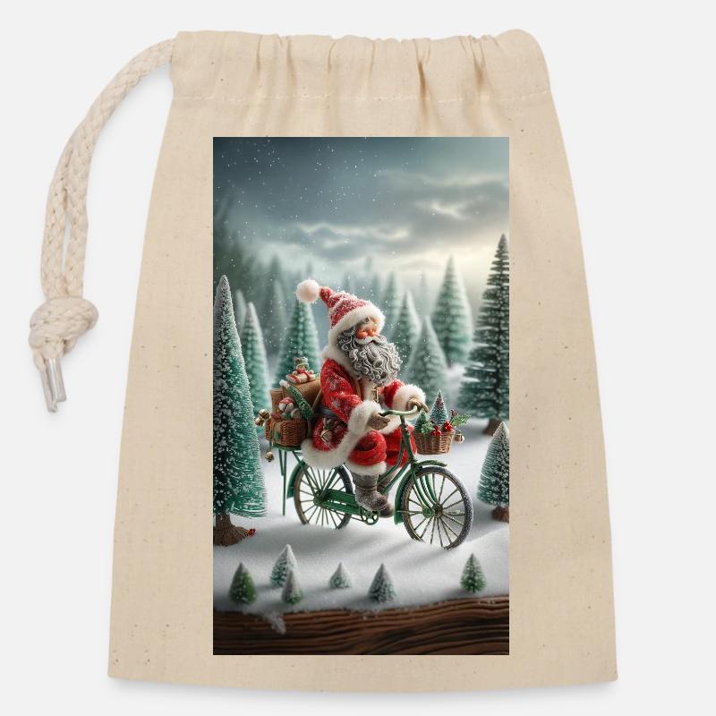 Père Noël - Sac cadeau en coton avec cordon (14 x 20 cm) - nature