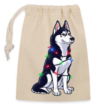 Husky avec lumières de Noël - Sac cadeau en coton avec cordon (14 x 20 cm) - nature - Devant