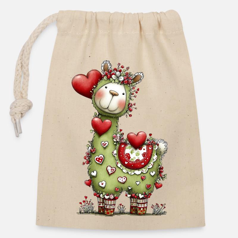 Lama mit Herzen - Verschließbarer Geschenkbeutel aus Baumwolle (14x20cm) - Natur