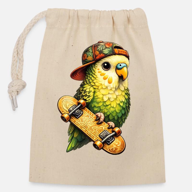 Cool Skatebird – Parrot with Cap & Skateboard - Closable cotton gift bag (14x20cm) - nature