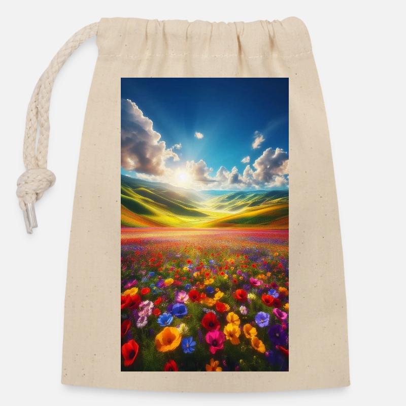 Regenbogenwiese im Sonnenlicht - Verschließbarer Geschenkbeutel aus Baumwolle (14x20cm) - Natur