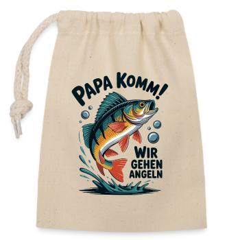 Papa komm wir gehen Angeln! Springender Barsch - Verschließbarer Geschenkbeutel aus Baumwolle (14x20cm) - Natur - Vorne