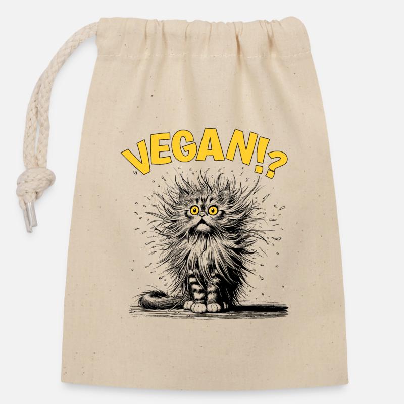 Cat vegan, Comic - Closable cotton gift bag (14x20cm) - nature