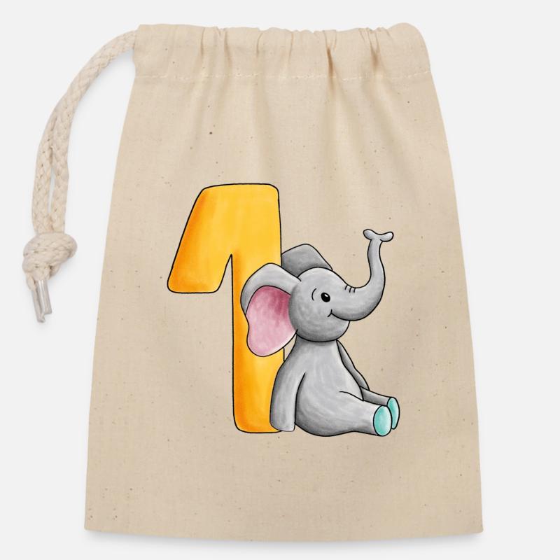 1er anniversaire éléphant - Sac cadeau en coton avec cordon (14 x 20 cm) - nature