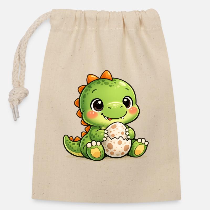 Dino avec œuf - Sac cadeau en coton avec cordon (14 x 20 cm) - nature