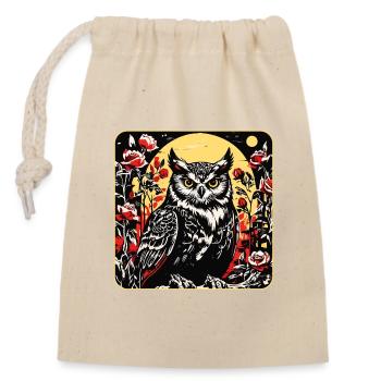 Hibou avec des vrilles de pétales de rose en aspect gravure sur bois - Sac cadeau en coton avec cordon (14 x 20 cm) - nature - Devant