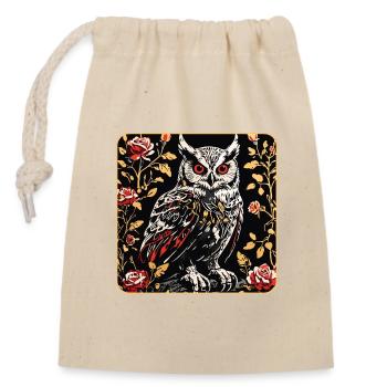 Hibou avec des vrilles de pétales de rose en aspect gravure sur bois - Sac cadeau en coton avec cordon (14 x 20 cm) - nature - Devant