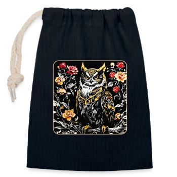 Hibou avec pétales de rose en aspect gravure sur bois - Sac cadeau en coton avec cordon (14 x 20 cm) - bleu marine - Devant