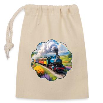Bunte Eisenbahn mit rauchender Dampflokomotive - Verschließbarer Geschenkbeutel aus Baumwolle (14x20cm) - Natur - Vorne