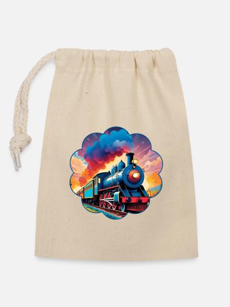 Chemin de fer coloré avec locomotive à vapeur fumante - Sac cadeau en coton avec cordon (14 x 20 cm) - nature