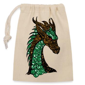 Der grün gold glitzernde Drache - Verschließbarer Geschenkbeutel aus Baumwolle (14x20cm) - Natur - Vorne