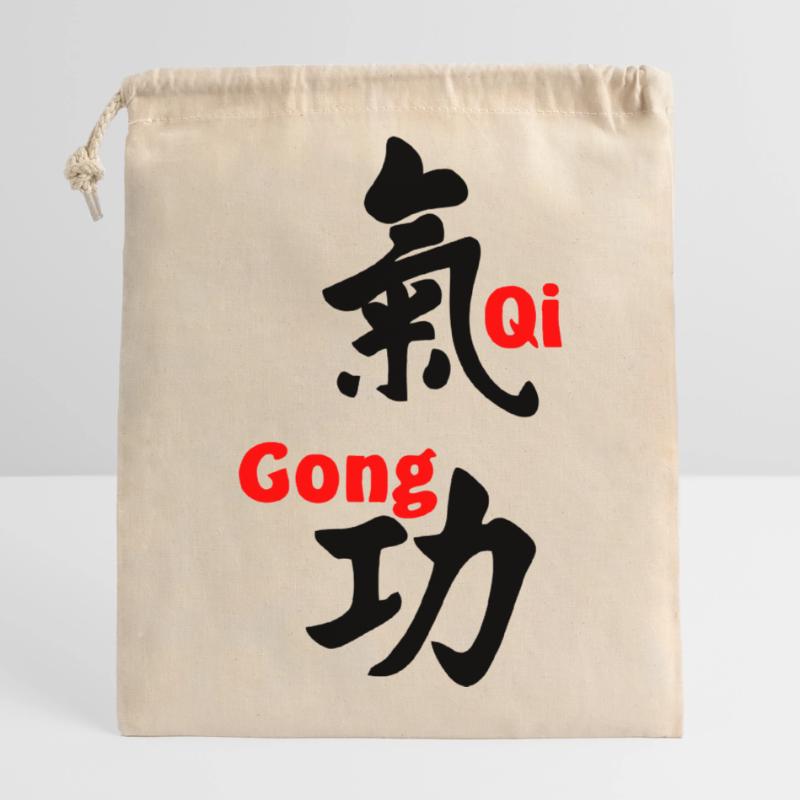 QI gong script with text in red vertical Closable cotton gift bag (14x20cm)