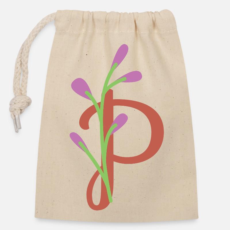 Eleganter Buchstabe 'P' mit Blumen - Verschließbarer Geschenkbeutel aus Baumwolle (14x20cm) - Natur