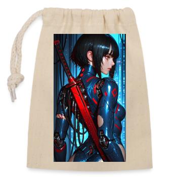 3D Blau/Rot Cyberpunk-Samurai-Kriegerin mit Katana - Verschließbarer Geschenkbeutel aus Baumwolle (14x20cm) - Natur - Vorne