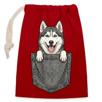 Husky Sibérien dans la Poche - Chien Mignon Loup - Sac cadeau en coton avec cordon (14 x 20 cm) - rouge - Devant