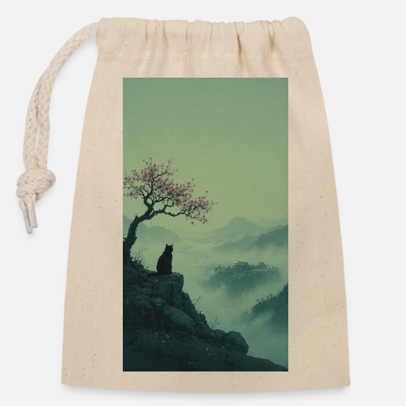 Chat noir à Sakura Tree – Design zen asiatique - Sac cadeau en coton avec cordon (14 x 20 cm) - nature