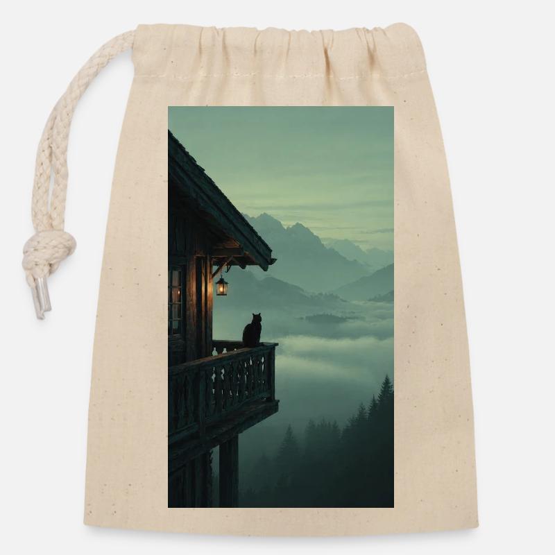Schwarze Katze am Bergbalkon – Asian Zen Design - Verschließbarer Geschenkbeutel aus Baumwolle (14x20cm) - Natur