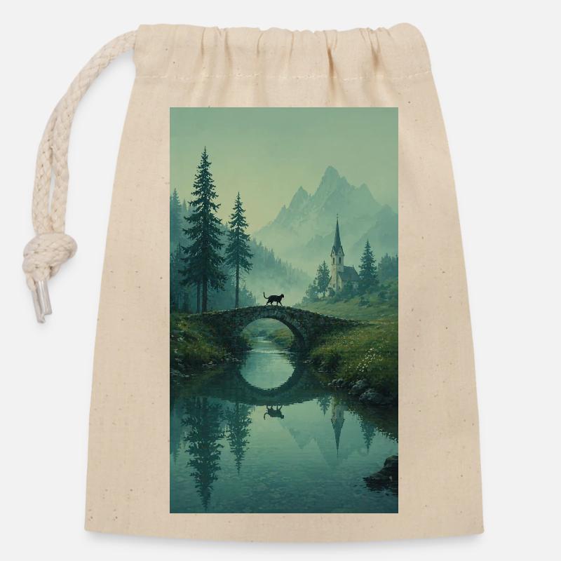 Schwarze Katze an Steinbrücke – Asian Zen Design - Verschließbarer Geschenkbeutel aus Baumwolle (14x20cm) - Natur