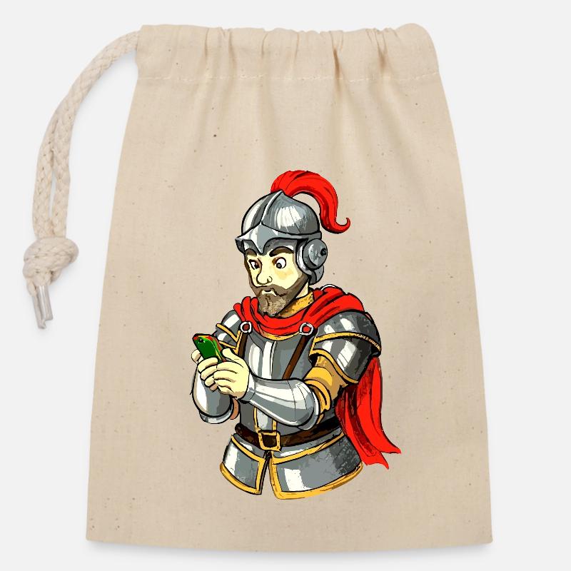 Chevalier avec smartphone - Sac cadeau en coton avec cordon (14 x 20 cm) - nature