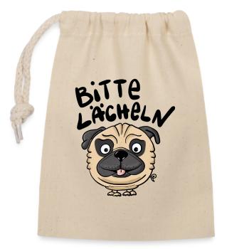 Mops Lächeln - Verschließbarer Geschenkbeutel aus Baumwolle (14x20cm) - Natur - Vorne
