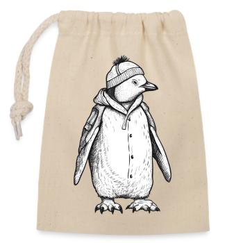 Pingouin avec casquette et veste - Sac cadeau en coton avec cordon (14 x 20 cm) - nature - Devant