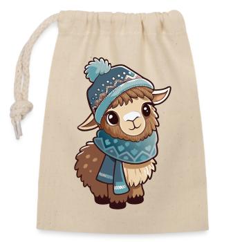 Cute llama with scarf and bobble hat. - Closable cotton gift bag (14x20cm) - nature - Front