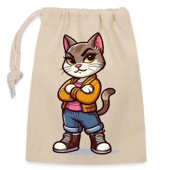 Forced Cat: stolz, mit gekreuzten Beinen - Verschließbarer Geschenkbeutel aus Baumwolle (14x20cm) - Natur - Vorne