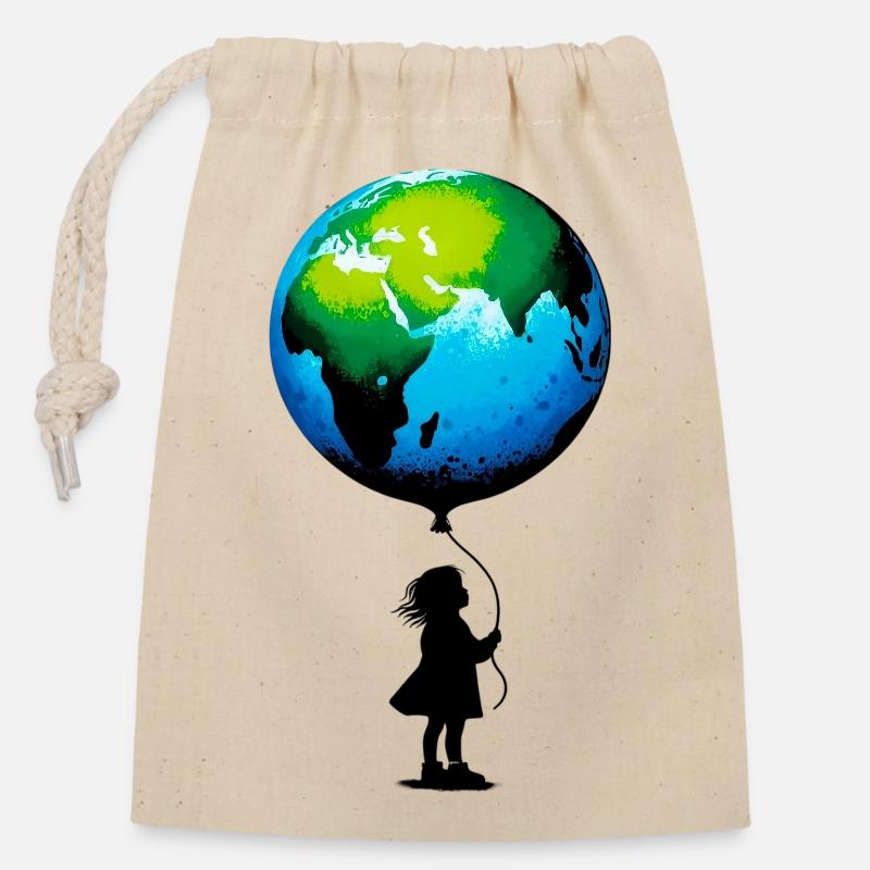 Planète Terre - Sac cadeau en coton avec cordon (14 x 20 cm) - nature