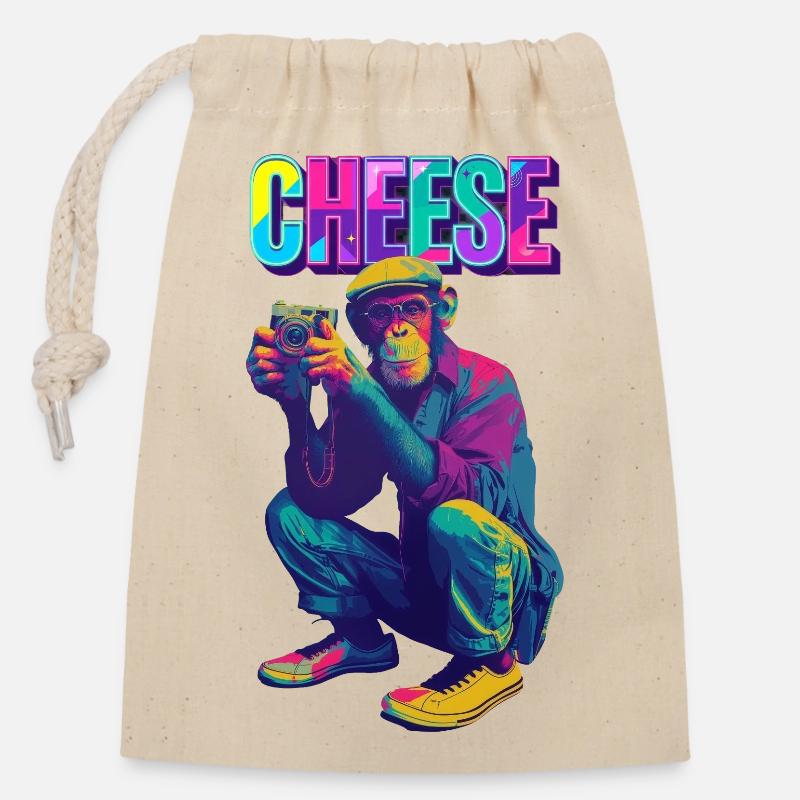 Cheese! Affe mit Kamera im Neon Pop-Art Stil - Verschließbarer Geschenkbeutel aus Baumwolle (14x20cm) - Natur