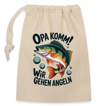 Opa komm wir gehen Angeln - springender Barsch - Verschließbarer Geschenkbeutel aus Baumwolle (14x20cm) - Natur - Vorne